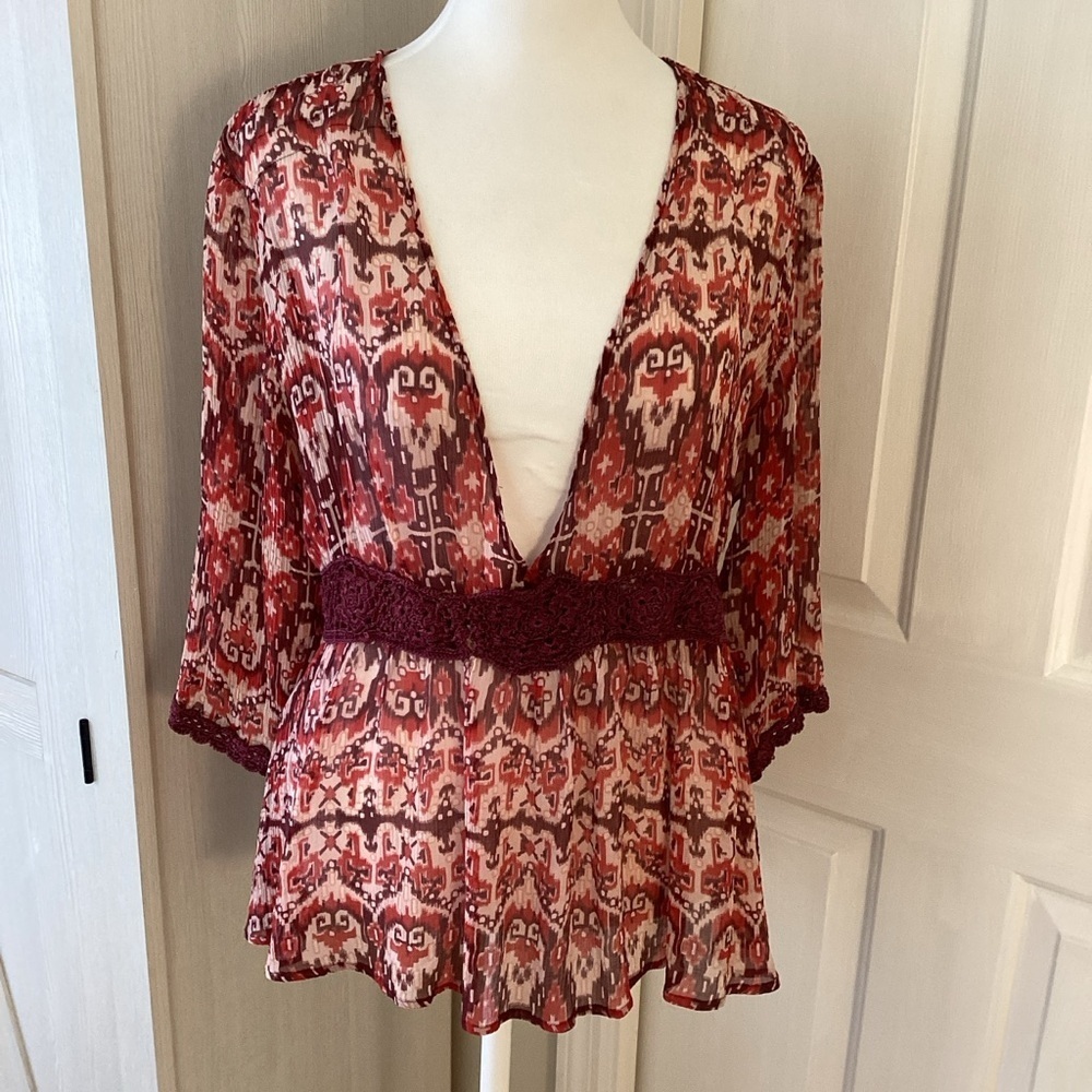 CAbi Burgundy and Black Patterned Silk Blouse